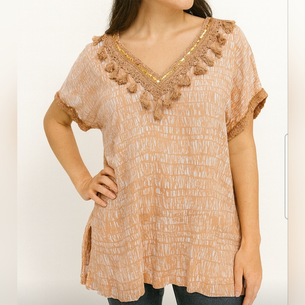 J CREW Pom Pom Tassles Sequin V-neck Short Sleeve Top